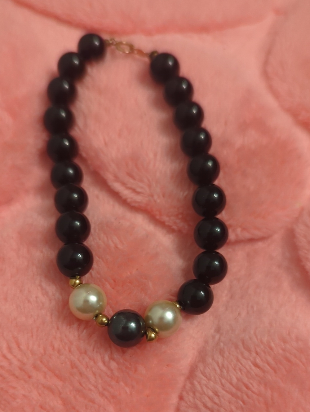 Black  Onyx Necklace with Cream Pearl Accents 14 K Clasp